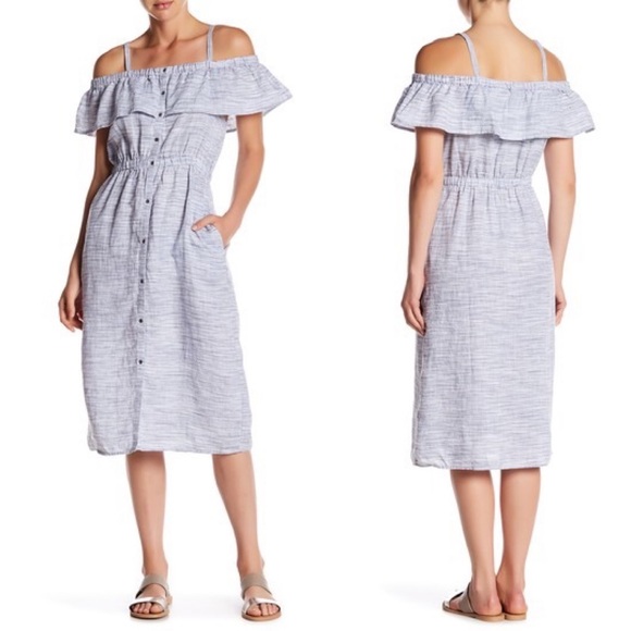 Shoulder Linen Midi Stripe Dress 